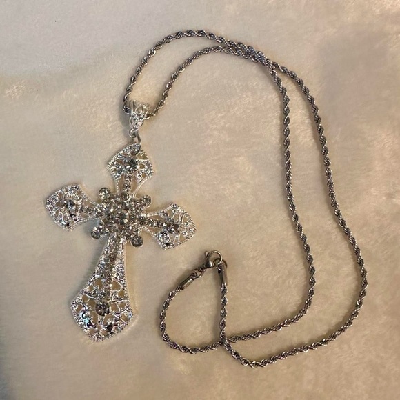 Gothic Cross Necklace Crystal Cross Choker Silver Tone Stainless Steel C… - Picture 7 of 12
